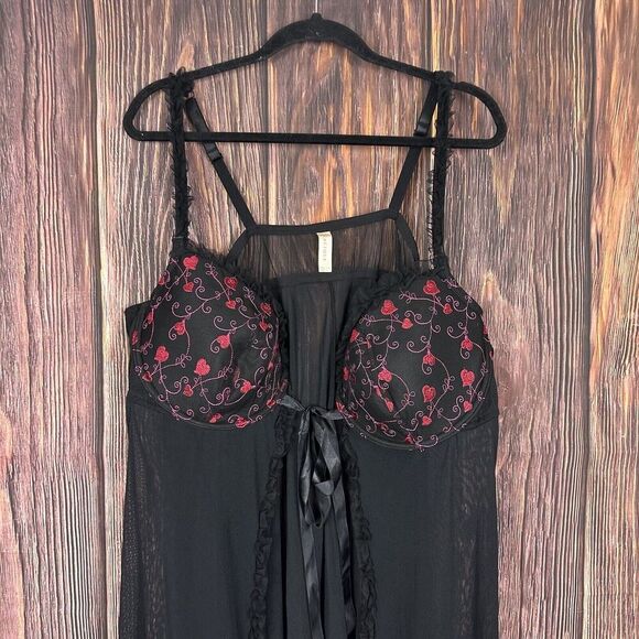 Cacique Lingerie Womens 26/28 Black Sheer Mesh Heart Embroidery Babydoll Nightie - Picture 3 of 6